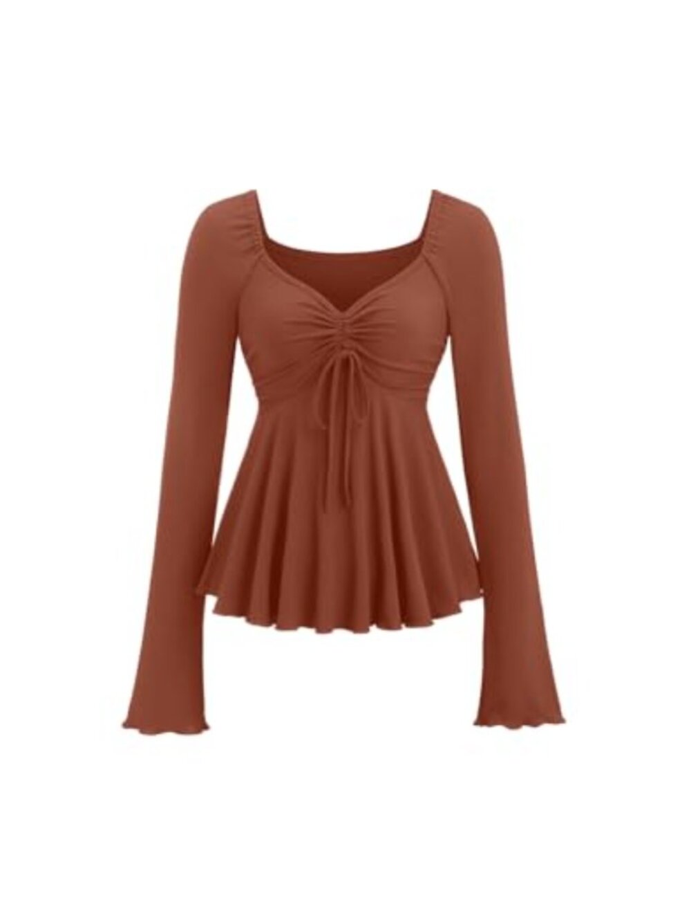 Women's Long Sleeve Babydoll Peplum Top Rib Knit Ruffle V Neck